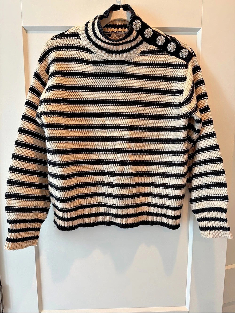 J.CREW Cable-knit mockneck pullover in stripe with jewel buttons Striped